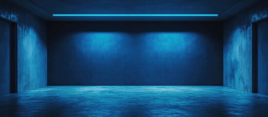 Poster - Front view of a blue blank wall in a dark interior space featuring a concrete floor and neon lighting suitable for product presentation and stage backdrop 3D Rendering