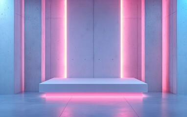 Poster - Abstract interior design of a modern showroom featuring an empty white floor and smooth concrete wall backdrop with a podium for product display in futuristic architecture or an unconventional dwe