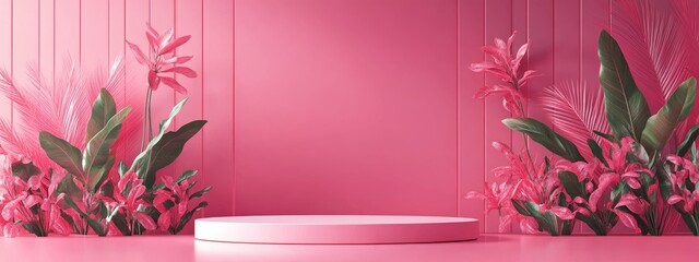 Wall Mural - Abstract geometric design with a pink background featuring an empty podium space for product or award display 3D rendering