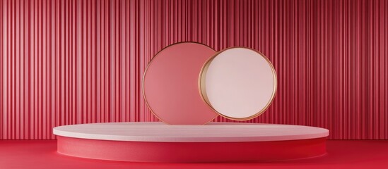 Poster - White and pink shapes set against a red abstract backdrop Pink and gold grid design Minimalistic podium with geometric forms Unoccupied display for cosmetic product showcase Fashion magazine concep