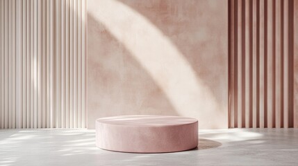 Poster - Pink stone podium with an abstract geometric backdrop Circular pedestal for showcasing cosmetic products Minimalist mockup scene and concept template 3D render