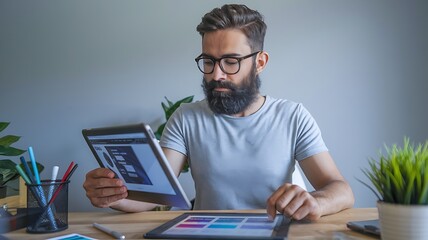 A bearded man in a grey shirt is working on a tablet, surrounded by a creative workspace, showcasing the concept of modern work and digital design. 
