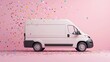 © Keattipoom - Festive White Cargo Van Surrounded by Rainbow Confetti on Pastel Background - Celebration Concept 3D Render