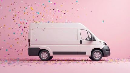 Festive White Cargo Van Surrounded by Rainbow Confetti on Pastel Background - Celebration Concept 3D Render