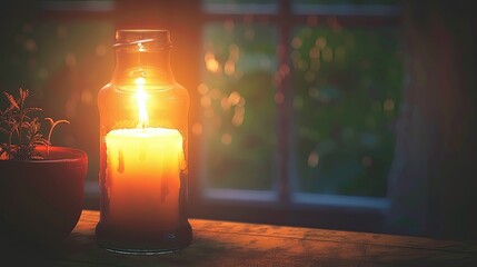 Poster - A candle in an amber jar on the desk