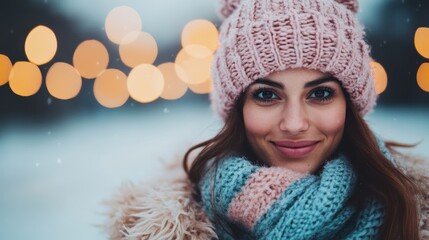 A young woman smiling warmly in winter attire with knitwear, standing outdoors surrounded by snow and festive lights, exuding happiness and warmth in cold weather.