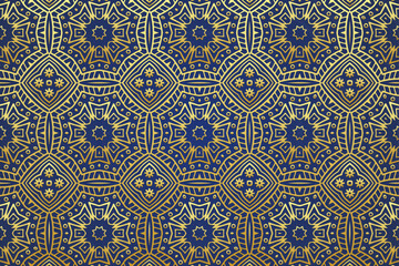 Naklejka na meble Embossed blue background, tribal design cover, banner. Geometric golden exotic pattern in stained glass style. Ethnic ornaments, mandala, arabesque. Traditions of the East, Asia, India, Mexico, Aztec