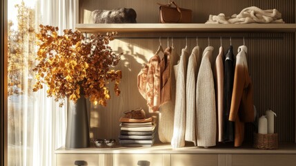 Stylish interior of dressing room with autumn clothes and accessories