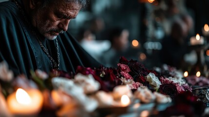 A focused man in dark clothing is surrounded by a vibrant array of roses and candles, immersed in a reflective ceremony, with a serene and tranquil ambiance setting the tone.