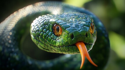 'Serpentine Elegance: Hyper-Realistic Close-Up of Green Snake with Orange Tongue in Cinematic Quality'