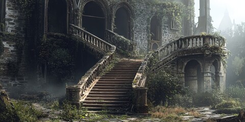 Poster - Overgrown Stone Staircase Leading to a Ruined Building