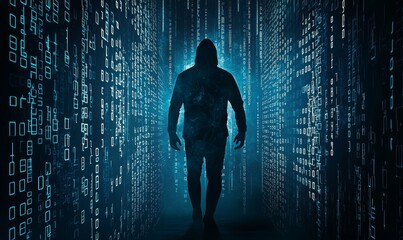 theme of internet security with a silhouette of a cyber hacker and a glowing red binary code