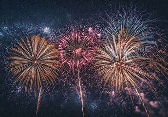 Wall Mural - A panoramic view of fireworks with sparkling colors, creating a festive atmosphere against a starry night