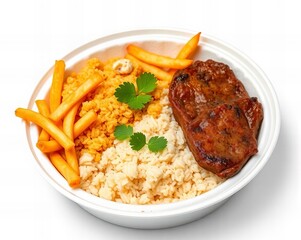 there is a bowl of food with rice, meat and french fries.