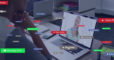 Wall Mural - Animation of social media icons with texts over african american woman having video call