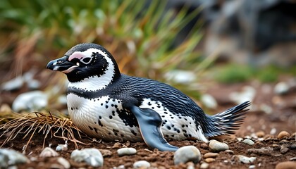 Poster - Molting juvenile Magellanic penguin resting on the rocky shore