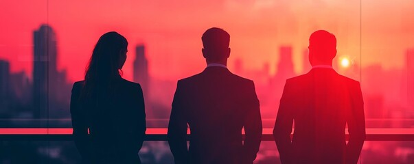 Three professionals gazing at a vibrant sunset over the city, embodying collaboration and ambition in a business setting.