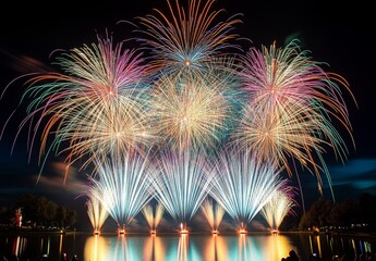 Wall Mural - A spectacular finale of fireworks, with layers of colors and light filling the sky over a lake