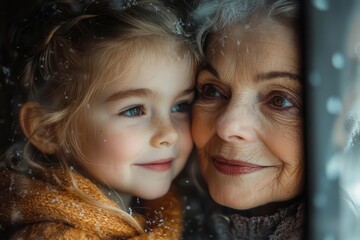 heartwarming portrait of a young girl and her grandmother sharing a laugh bathed in soft natural light by a window