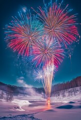 Wall Mural - A vibrant fireworks display over a snowy landscape, creating contrast with the cold, dark surroundings