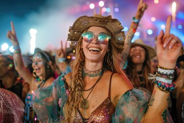 Joyful Woman in Traditional Feather Headdress Celebrating at Colorful Festival Parade