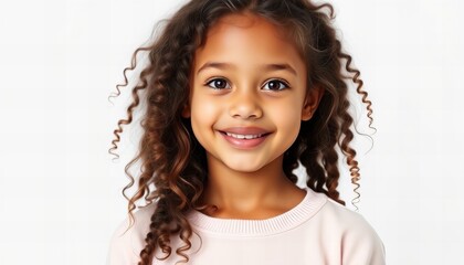 there is a young girl with curly hair smiling for the camera.