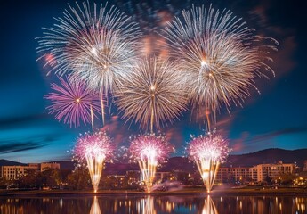 Wall Mural - Bright fireworks exploding in the night sky over a cityscape, reflecting off nearby buildings and water