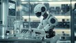 © Wish Craft Arts - A humanoid robot wearing a white helmet, with visible metallic joints and gears, works at a laboratory table with a glass beaker and pipette.