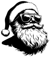 Illustration in black of a portrait of Santa Claus wearing sunglasses, isolated 