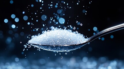 A spoon of sugar on a solid background.