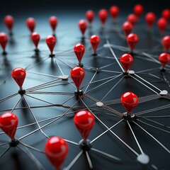 red pins connected by black lines, representing a network or connection