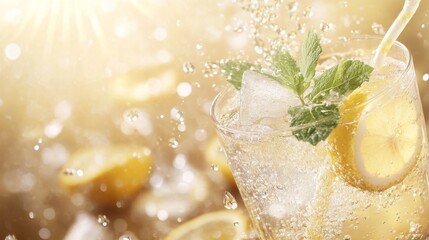 Poster - Refreshing lemon drink with mint garnishing on a sparkling golden background in summer