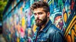 © Sirinporn - A fashionable young man with a bold beard and mohawk hairstyle, wearing a denim jacket, poses confidently against a vibrant graffiti-covered urban background.