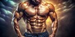 © Sirinporn - A fit male torso with chiseled abdominal muscles, showcasing a defined six-pack, glistens with sweat under warm lighting, exuding health and athleticism.