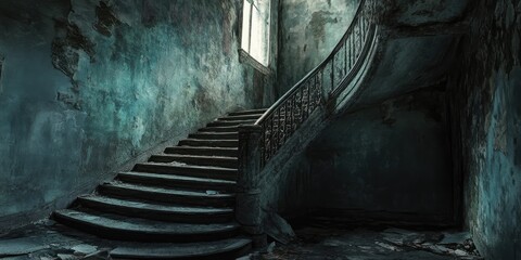 Poster - A Dark and Decaying Staircase in an Abandoned Building