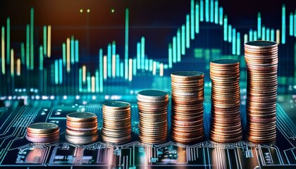 Stacks of coins on a circuit board with financial data in the background