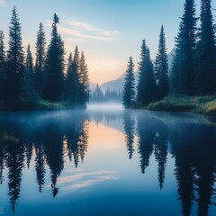 Canvas Print - Misty morning over a tranquil forest lake with tall pine trees reflecting in the water.