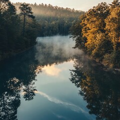 Poster - Misty morning river with reflection of forest.