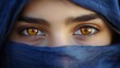 © ThisDesign - Closeup of the amber eyes of a girl with her face wrapped in a blue scarf generative ai