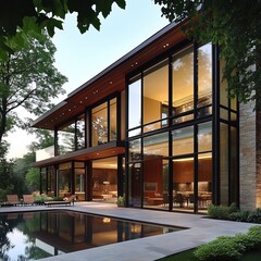 Modern home with large windows overlooking a pool.