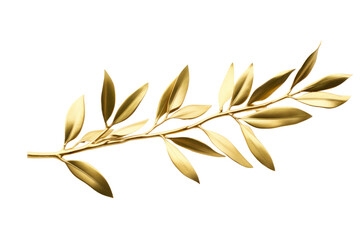 Photo of an olive branch decorated with gold leaf, isolated on a white background.