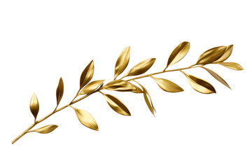 Photo of an olive branch decorated with gold leaf, isolated on a white background.