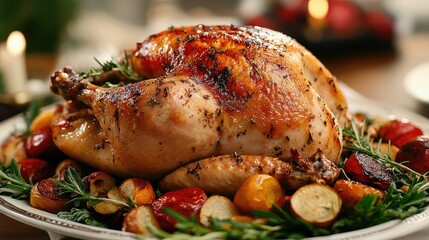 Roasted whole chicken on a platter with vegetables, fresh herbs, and a golden crispy skin.