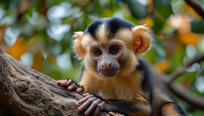 Adorable baby Gelada monkey nestled among tree branches