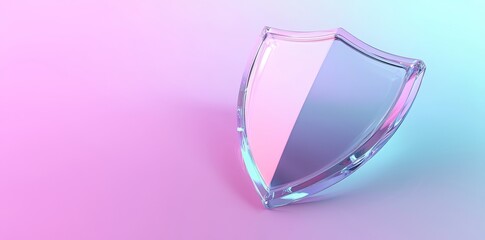 Illustration of a colorful blue pink shield guard against cyber attacks, a modern trendy elegant glass 3D digital data business icon.