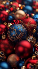 Wall Mural - Colorful festive ornaments in red, blue, and silver arranged together for holiday decoration