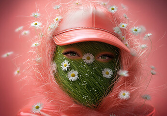 Wall Mural - A portrait of a woman with a face composed of white daisies She embodies a Spring goddess against a soft background, exuding a fashion-forward style.