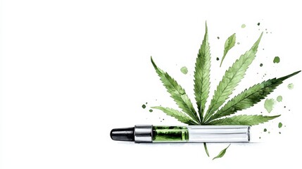 A modern vape pen beside a cannabis leaf, showcasing a blend of nature and technology in a clean design.