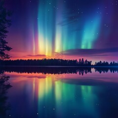 Wall Mural - Northern lights reflecting in a calm lake at dusk.