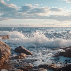 Wall Mural - Ocean waves crashing on rocks with blue sky and clouds.